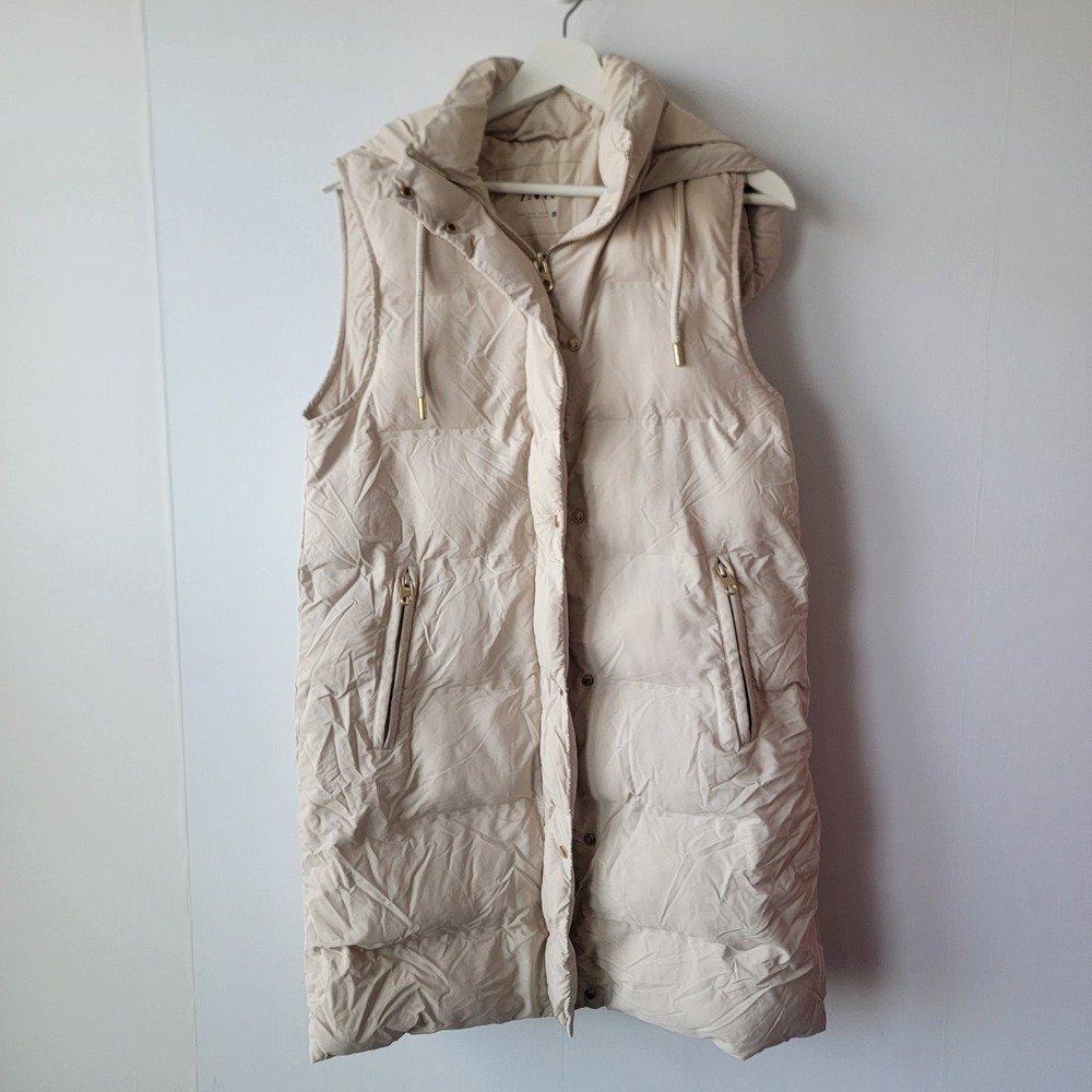 ZARA Women's Puffer Down Long Vest Jacket size S Padded Hooded
